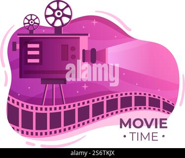 Film Premiere Show oder Kino mit Kamera, Popcorn, Clapperboard, Film Tape und Reel in Flat Design Hintergrund Illustration Stock Vektor
