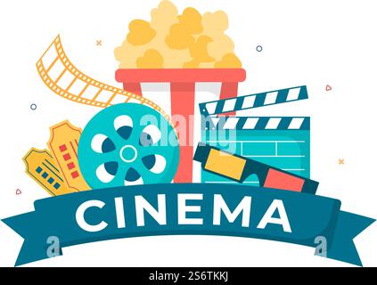 Film Premiere Show oder Kino mit Kamera, Popcorn, Clapperboard, Film Tape und Reel in Flat Design Hintergrund Illustration Stock Vektor
