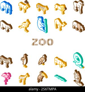 Zoo Tiere, Vögel Und Schlangensymbole Set Vektor. Tiger Und Elefant, Bär Und Panda, Zebra Und Känguru, Tukan Und Adler, Krokodile Und Giraffen Zoo Tiere Isometrische Zeichenfarben Illustrationen. Zoo Tiere, Vögel Und Schlangensymbole Set Vektor Stock Vektor