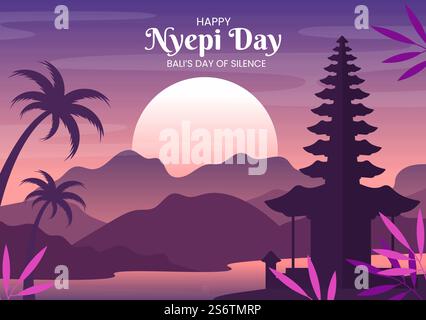 Happy Nyepi Day oder Bali&rsquo;s Silence to Hindus Zeremonien im Hintergrund des Tempels oder Pura Illustration passend für Poster Stock Vektor