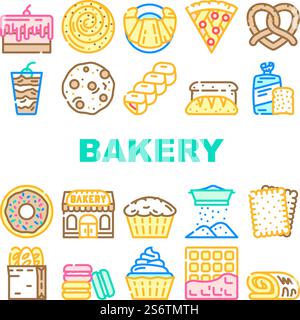 Bäckerei Köstlich Dessert Essen Icons Set Vektor. Bäckerei Brezel Und Kuchen Pie Mit Kirsche Und Creme, Cremigen Muffin Und Donut, Gebäck Brötchen Und Brot Toast Line. Süße Nutrition Color Illustrationen. Bäckerei Köstlich Dessert Essen Icons Set Vektor Stock Vektor
