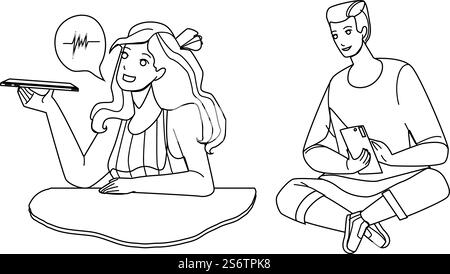 Mann Und Frau Senden Nachricht Am Telefon Schwarze Linie Bleistift Zeichnung Vektor. Junge, Der Sms Eingibt Und Mädchen Sprachnachricht An Freund Auf Dem Smartphone Senden. Zeichen-Geräteanwendung Für Kommunikation. Mann Und Frau Senden Nachricht Auf Telefonvektor Stock Vektor