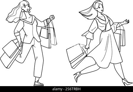 Frauen, Die Auf Verkauf Laufen, Gemeinsam Einkaufen, Schwarze Linie Bleistiftzeichnung Vektor. Happy Girls Shopper Mit Tasche Run Im Saisonalen Angebot Einkaufen Und Einkaufen. Charaktere Damen Kunden Konsumentum Illustration. Frauen, Die Auf Sale Laufen, Einkaufen Zusammen Vektor Stock Vektor