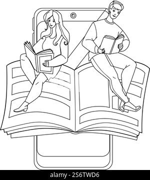 Handy zum Lesen. Online-App. Zeichenvektor Mit Schwarzem Linienstift. Smartphone liest Internet-Medienbibliothek Charakterwebabbildung. Vektor für mobiles Lesen Stock Vektor