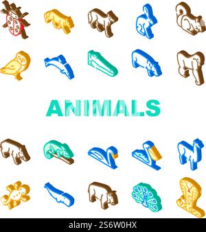 Wilde Tiere, Vögel Und Insekten Icons Set Vektor. Alligator Reptilien Und Kobra Schlange, Nilpferde Und Delfine Marine Mammal Animals, Eichhörnchen Und Chamäleon Isometrische Schilderfarbe Illustrationen. Wilde Tiere, Vögel Und Insekten Icons Set Vektor Stock Vektor