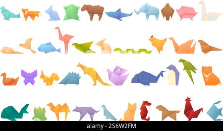 Origami Tiere Ikonen setzen Cartoon Vektor. Papierfisch. Polygon geometrisch. Origami Tiere Ikonen setzen Cartoon Vektor. Papierfisch Stock Vektor