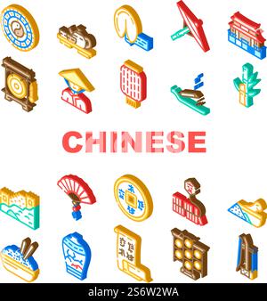 Chinesisches Zubehör Und Tradition Symbole Set Vektor. Chinesisches Tempelgebäude An Der Chinesischen Mauer, Laterne Und Regenschirm, Asiatischer Tee Orientalisches Essen, Kalender Und Konische Hut Isometrische Schilderfarben Illustrationen. Chinesisches Zubehör Und Tradition Symbole Set Vektor Stock Vektor