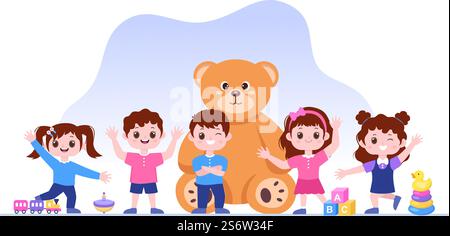 Nette Kinder spielen mit verschiedenen Spielzeug im Kindergarten in Flat Cartoon Style Illustration. Innenraum des Spielzimmer für Spaß und Gaming Stock Vektor