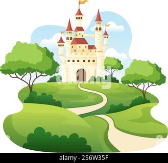 Schloss mit majestätischer Palastarchitektur und märchenhafter Waldlandschaft in Cartoon Flat Style Illustration Stock Vektor
