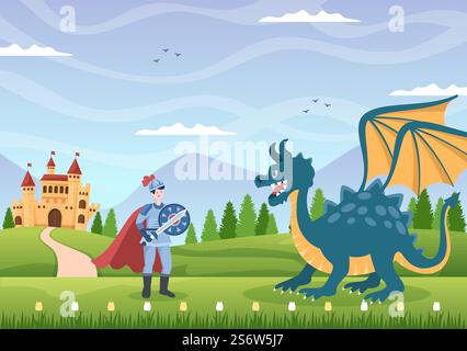 Prinz, Königin und Ritter mit Drache vor dem Schloss mit majestätischer Palastarchitektur und märchenhafter Waldlandschaft in Cartoon Flat Style Illustration Stock Vektor