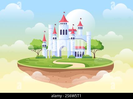 Schloss mit majestätischer Palastarchitektur und märchenhafter Waldlandschaft in Cartoon Flat Style Illustration Stock Vektor