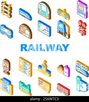 Eisenbahnverkehrssymbole Set Vektor. Pointer Direction Ticket Dispenser, Röntgen elektronische Ausrüstung für Scan Traveler Gepäckdrehkreuz Bahnhof Isometrische Schilder farbige Abbildungen. Eisenbahnverkehrssymbole Set Vektor Stock Vektor