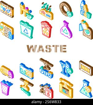 Symbole Für Die Abfallsortierung Von Förderanlagen Set Vektor. Chemische Gefahrstoffe, Technik Organische Abfallsortierung, Transport, Recycling Verbrennung. Illustrationen Mit Isometrischen Schildern In Der Abfallbehältertasche. Symbole Für Die Abfallsortierung Von Förderanlagen Set Vektor Stock Vektor