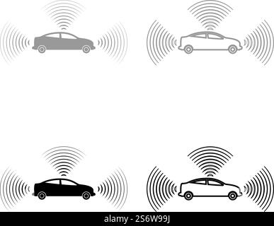 Auto Funksignale Sensor Smart Technologie Autopilot alle Richtungen Set Symbol grau schwarz Farbe Vektor Illustration Bild einfache Vollfüllung Kontur Linie dünn flach Stil. Auto Funksignale Sensor Smart Technologie Autopilot alle Richtungen Set Symbol grau schwarz Farbe Vektor Illustration Bild Vollflächig füllen Kontur Linie dünn flach Stil Stock Vektor