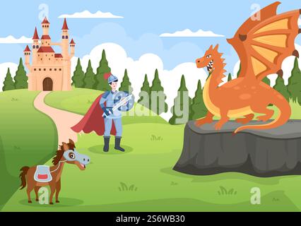 Prinz, Königin und Ritter mit Drache vor dem Schloss mit majestätischer Palastarchitektur und märchenhafter Waldlandschaft in Cartoon Flat Style Illustration Stock Vektor