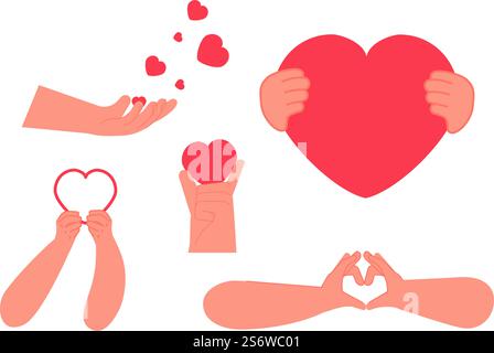 Hände, die Herzen halten. Hand mit rotem Herzen, romantische Liebe. Freiwillige oder wohltätige Zwecke, Freunde, Familie unterstützen Vektorsymbole. Illustration des Herzliebenssymbols, Gesundheit. Hände, die Herzen halten. Hand mit rotem Herzen, romantische Liebe. Freiwillige oder wohltätige Zwecke, Freunde, Familie unterstützen Vektorsymbole Stock Vektor
