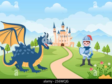 Prinz, Königin und Ritter mit Drache vor dem Schloss mit majestätischer Palastarchitektur und märchenhafter Waldlandschaft in Cartoon Flat Style Illustration Stock Vektor