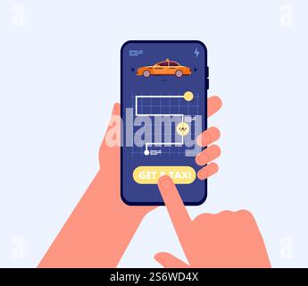 Taxi Service App. Mobiler Stadtverkehr, Hände halten Smartphone. Auto online mieten, Vektorkonzept. Abbildung: Taxi-Car-Service-App. Taxi Service App. Mobiler Stadtverkehr, Hände halten Smartphone. Auto online mieten, Vektorkonzept Stock Vektor