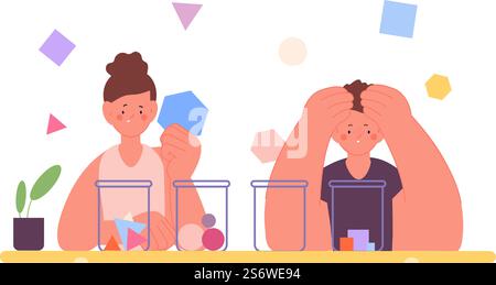 Kinder sortieren geometrische Figuren. Kinder im Logikunterricht: Wählen Sie die richtige Lösung. Multitasking-Konzept. Cartoon Junge und Mädchen denken, arbeiten zusammen, Vektor-Illustration der Bildung Vorschule. Kinder sortieren geometrische Figuren. Kinder im Logikunterricht: Wählen Sie die richtige Lösung. Multitasking-Konzept. Cartoon Junge und Mädchen denken, arbeiten zusammen, Vektorszene Stock Vektor