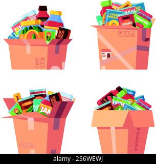 Lebensmittel in Karton. Dosenprodukte in Containern Lebensmittelverpackungen Lagerboxen mit Gläsern konservierte Suppe greish Vektor Illustrationen Sammlung. Lebensmittelkartonbehälter, Verpackung Lebensmittel. Lebensmittel in Karton. Dosenprodukte in Containern Lebensmittelverpackungen Lagerboxen mit Gläsern konservierte Suppe greish Vektor Illustrationen Sammlung Stock Vektor
