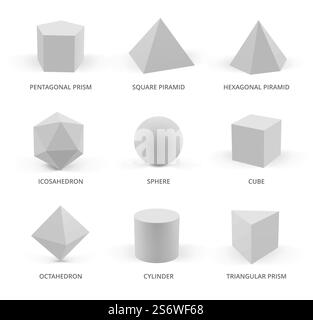Realistische geometrische Formen. Pyramidenkugeln Würfel und Hexagon anständige Vektor verschiedene grundlegende 3D Formen Sammlung. Abbildung der geometrischen Zylinder-, Würfel- und Kugelform. Realistische geometrische Formen. Pyramidenkugeln Würfel und Hexagon anständige Vektor verschiedene grundlegende 3D Formen Sammlung Stock Vektor