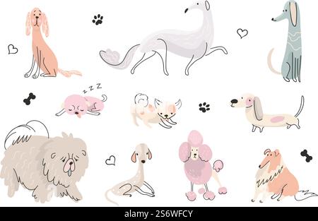 Kritzele niedliches Hündchen. Aktive Hundemalerei, Hunde unterschiedliche Posen. Handgezeichnete Tiere, flach gestaltete Babytiere. Lustige Welpen spielen, heutzutage Vektorfiguren. Illustration von Welpen und Hundetier. Kritzele niedliches Hündchen. Aktive Hundemalerei, Hunde unterschiedliche Posen. Handgezeichnete Tiere, flach gestaltete Babytiere. Lustige Welpen spielen, heutzutage Vektorfiguren Stock Vektor