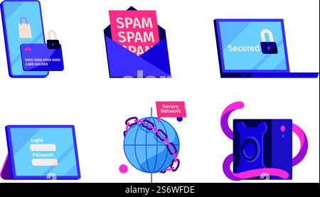 Cyber-Sicherheit. Frames für die Eingabe von Passwörtern sperren sichere Online-Systeme mit grellen Vektorsymbolen. Illustration von Sicherheit und Cyberschutz. Cyber-Sicherheit. Frames für die Eingabe von Passwörtern sperren sichere Online-Systeme mit grellen Vektorsymbolen Stock Vektor