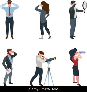 Geschäftsleute beobachten. Charakteransicht im Teleskop Vergrößerungsglas Ferngläser wachsen nach erfolgreicher Person Konzept Vektor flache Zeichen. Illustration eines Geschäftspersonals, das sich mit Teleskop ansieht. Geschäftsleute beobachten. Charaktere Ansicht in Teleskop Lupe Ferngläser Wachstum nach erfolgreichem Personkonzept grell Vektor flache Zeichen Stock Vektor