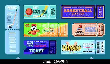 Sporttickets. Fußball Hockey Action Events Einladungsvorlagen Flyer und Tickets grell Vektor Designs Kollektion. Illustration von Ticketmeisterschaften Hockey und Baseball. Sporttickets. Fußball Hockey Action Events Einladungsvorlagen Flyer und Tickets grell Vektor Designs Kollektion Stock Vektor