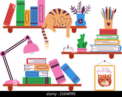 Bücherregale. Isoliertes Regal mit Buch und schlafender Katze. Hausbibliothek, Bücher im Schrank. Wohnung Büroelemente, gemütliche Lesebildungvektor Illustration. Bücherregalmöbel mit Wissen für die Bildung. Bücherregale. Isoliertes Regal mit Buch und schlafender Katze. Hausbibliothek, Bücher im Schrank. Wohnung Büro Elemente, gemütliche Lesen anständige Vektor Illustration Stock Vektor