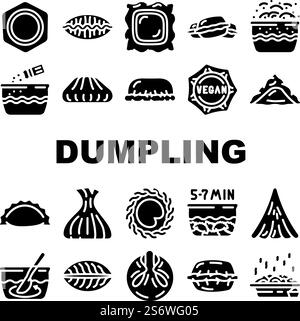 Knödel Köstliche Mahlzeit Rezept Icons Set Vektor. Knödelnahrung Mit Fleisch- Und Gemüsezutaten, Kochen Und Bowling, Kreplach Modak, Tortellini Khinkali Gericht Glyph Piktogramme Schwarz Illustration. Knödel Köstliche Mahlzeit Rezept Icons Set Vektor Stock Vektor