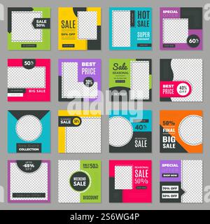 Vorlagen für soziale Medien. Web-Werbebanner Anzeigen in quadratischen Rahmen Verkäufe und Rabatte kündigen Vektorbilder für Text an. Abbildung des Layouts der Vorlage für Werbeaktionen mit Platz für ein Foto in der Werbung. Vorlagen für soziale Medien. Web-Werbebanner Werbung in quadratischen Rahmen Verkauf und Rabatt kündigen aktuelle Vektorbilder mit Platz für Text an Stock Vektor