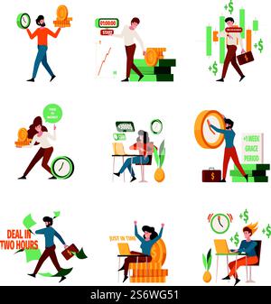 Time Money Konzept. Geschäftsleute, die Geld-Wachstumskapital mit Münzen und Schätzen Finanzvektorsammlung halten. Darstellung von Geschäftsgeldern, Investitionen von Mitarbeitern und Managementfinanzierung. Time Money Konzept. Geschäftsleute halten Geld Wachstumskapital mit Münzen und Schätzen finanzielle grelle Vektor Konzept Bilder Sammlung Stock Vektor