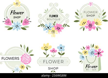 Blumenladen-Logo. Botanische Vintage Dekoration Blumenstrauß mit Rosenknospen und Blättern Designs für Hochzeitseinladungskarten aktuelle Vektor-Stilsymbole. Illustration des Blumenstraußes, Beauty-Logo. Blumenladen-Logo. Botanische Vintage Dekoration Blumenstrauß mit Rosenknospen und Blättern Designs für Hochzeitseinladungskarten aktuelle Vektor-Stilsymbole Stock Vektor