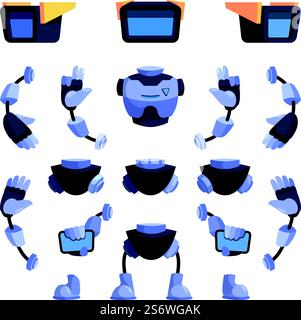 Roboterkonstruktor. Android BodyParts Creation Kit für Animation grell Vektor süße Charakter. Abbildung der Cyborg- und Roboterkit-Sammlung. Roboterkonstruktor. Android BodyParts Creation Kit für Animation grell Vektor süße Charakter Stock Vektor
