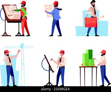 Architekten und Bauherren. Bauwesen Outdoor-Prozesse professionelle Arbeiter Ingenieure und Industriearchitektoren halten Pläne grell Vektor flache Menschen. Illustration des Architekturbaus. Architekten und Bauherren. Bauwesen Outdoor-Prozesse professionelle Arbeiter Ingenieure und Industriearchitektoren halten Pläne grell Vektor flache Menschen Stock Vektor