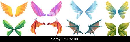 Mythologische Flügel. Fantasy fliegende Kreaturen Monster mittelalterliche Märchen Drachen oder Vögel Körperteile farbige Flügel exakte Vektor-Zeichentrickkollektion. Fantasy-Mythologie, Drachenflügel-Illustration. Mythologische Flügel. Fantasy fliegende Kreaturen Monster mittelalterliche Märchen Drachen oder Vögel Körperteile große farbige Flügel exakte Vektor-Zeichentrickkollektion Stock Vektor
