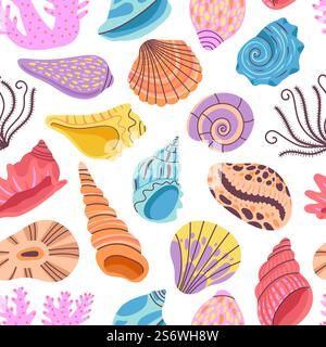 Nahtloses Muschelmuster. Muschelhintergrund, Muschelmuster. Meer und Muscheln, Sommertapete mit Korallen. Anständiges Vektordesign für Marine. Illustration des Muschelmusters des Ozeans. Nahtloses Muschelmuster. Muschelhintergrund, Muschelmuster. Meer und Muscheln, Sommertapete mit Korallen. Anständiges Vektordesign für Marine Stock Vektor