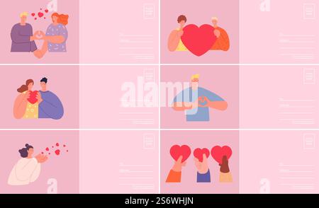 Romantische Postkartenvorlagen. Spende oder Freundschaft, verliebtes Paar, Valentinstag. Menschen teilen die Herzen. Unterstützung und Hilfe, Briefkarten mit Personenvektorsatz. Illustration der romantischen Postkarte. Romantische Postkartenvorlagen. Spende oder Freundschaft, verliebtes Paar, Valentinstag-Konzept. Menschen teilen die Herzen. Unterstützung und Hilfe, Briefkarten mit Happy-Person-Vektor-Set Stock Vektor