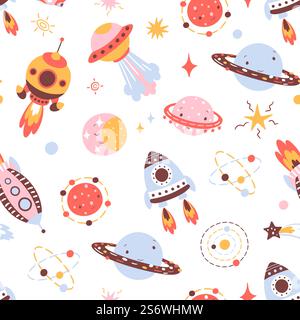 Nahtloses Muster für Kinder. Skandinavisches Universum Kinder Hintergrund, Schiffe und Planeten. Cartoon-Stars, Kometen und Kosmos-Elemente, heute Vektor-Stoffdruck. Illustration des nahtlosen Hintergrunds im Raum. Nahtloses Muster für Kinder. Skandinavisches Universum Kinder Hintergrund, Schiffe und Planeten. Cartoon-Stars, Kometen und Kosmos-Elemente, heute Vektor-Stoffdruck Stock Vektor