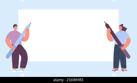 Leeres Banner. Leute mit riesigen Stiften oder Bleistiften. Anzeigenfeld, leere Geschäftsstrategieliste. Manager am Whiteboard, Mann Frau bereit, Vektorkonzept zu planen. Abbildung: Leeres Geschäftsdokument. Leeres Banner. Leute mit riesigen Stiften oder Bleistiften. Anzeigenfeld, leere Geschäftsstrategieliste. Manager am Whiteboard, Mann Frau bereit, Vektorkonzept zu planen Stock Vektor