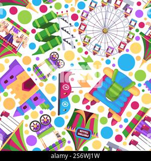 Vergnügungsmuster. Karussell festliche Attraktionen für Kinder Rollen Baumwolle und Süßigkeiten grellen Vektor nahtlos für Textildesign. Illustration Karneval und Karussell, Festivalamüsement Muster. Vergnügungsmuster. Karussell festliche Attraktionen für Kinder Räder Roller Baumwolle und Süßigkeiten grell Vektor nahtloser Hintergrund für Textildesign Projekte Stock Vektor