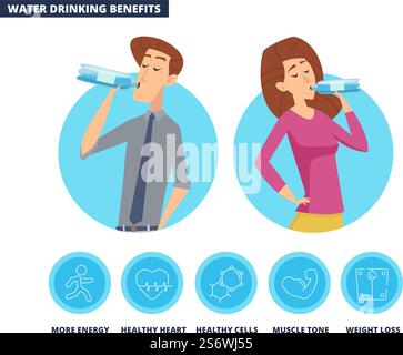 Vorteile für Wassergetränke. Mann Frau trinkt aus Flaschen, saubere Flüssigkeit. Vektor-Infografiken für gesunde Lebensweise. Illustration von Wasser für die Körpergesundheit. Vorteile für Wassergetränke. Mann Frau trinkt aus Flaschen, saubere Flüssigkeit. Vektor-Infografiken für gesunde Lebensweise Stock Vektor