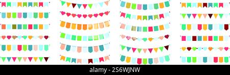 Farbige Fahnen. Karneval Sammlung Gegenstände Party Dekoration Symbole grell Vektor Banner Set isoliert. Karnevalsfest-bunte Dekoration. Farbige Fahnen. Karneval Sammlung Gegenstände Party Dekoration Symbole grell Vektor Banner Set isoliert Stock Vektor