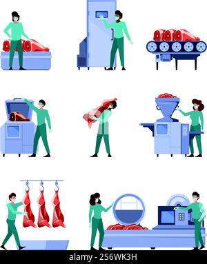 Schweineproduktion. Wurstherstellung Prozesse Schweinekochen industrielles Fleisch Herstellung grell Vektor flache Illustrationen Set. Herstellung von Schweinefleischgeräten bis zur Verarbeitung der Produktion. Schweineproduktion. Wurstherstellung Prozesse Schweinekochen industrielles Fleisch Herstellung grell Vektor flache Illustrationen Set Stock Vektor