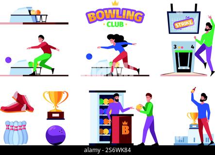 Bowlingausrüstung. Sport aktives Spiel Kegelbälle Bowlingspieler grelle Vektor-Illustrationen in flachem Stil. Bowling, Sport und Spiel. Bowlingausrüstung. Sport aktives Spiel Kegelbälle Bowlingspieler grelle Vektor-Illustrationen in flachem Stil Stock Vektor