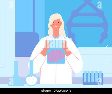 Hirnforschung. Laborwissenschaftler im Labor. Neurologie und Neurochirurgie, Arzt hält das Gehirn in der Hand. Medizinisches und medizinisches Vektorkonzept. Illustration von Forschungslabor, Wissenschaft und Labor. Hirnforschung. Laborwissenschaftler im Labor. Neurologie und Neurochirurgie, Arzt hält das Gehirn in der Hand. Medizinisches und medizinisches Vektorkonzept Stock Vektor