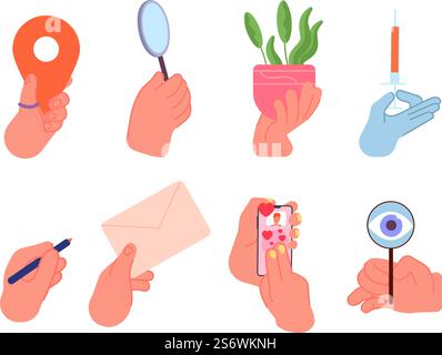 Die Hand hält Dinge. Hände halten Telefon, Spritze, Brief und Lupe. Vektorsatz für isolierte menschliche Waffen. Illustration einer Hand, die Menschen verschiedene Dinge halten. Die Hand hält Dinge. Hände halten Telefon, Spritze, Brief und Lupe. Vektorsatz für isolierte menschliche Waffen Stock Vektor