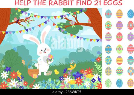 Eierjagd. Oster-Puzzle-Spielort mit Häschen und Ei im Garten oder Wald. Hase und Huhn mit Korb, festliches Spiel versteckte Objekte anständiger Vektor-Hintergrund. Illustration des osterpuzzle-Spiels. Eierjagd. Oster-Puzzle-Spielort mit Häschen und Ei im Garten oder Wald. Hase und Huhn mit Korb, festliches Spiel versteckte Objekte anständiger Vektor-Hintergrund Stock Vektor