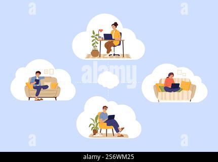 Cloud-Service. Leute, die von zu Hause aus im Internet arbeiten und chatten. Web-Arbeitsgemeinschaft, freiberuflich. Fernstudium, Schüler lernen mit Gadgets Vektorkonzept. Abbildung: Business Network Service. Cloud-Service. Leute, die von zu Hause aus im Internet arbeiten und chatten. Web-Arbeitsgemeinschaft, freiberuflich. Fernstudium, Schüler lernen mit Gadgets Vektorkonzept Stock Vektor